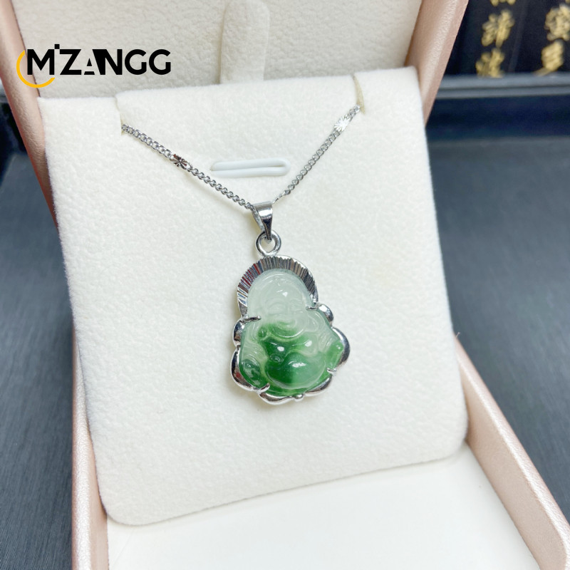 925 Silver Inlaid Jade Buddha Necklace Jadeite Ice Mini Maitreya Buddha Personalized Pendant Lucky A