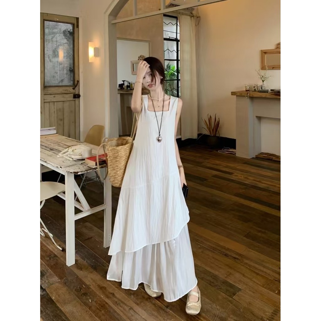 Dainty Vogue Gaun Putih Wanita Musim Panas Gaya Baru Rompi Dua Potong Palsu Rok Panjang