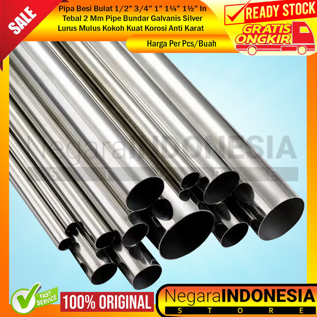 Pipa Bulat Besi Galvanis 1/2 3/4 1 1¼ 1½ Inch Tebal 2 Mm Galvanis Silver Lurus Pipih Mulus Kokoh Kua