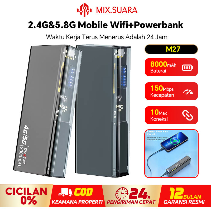 MIX.SUARA Dual Band 2.4G/5G Modem Wifi 4G LTE dengan bank daya 8000mAh wifi portabel Hotspot Wireles