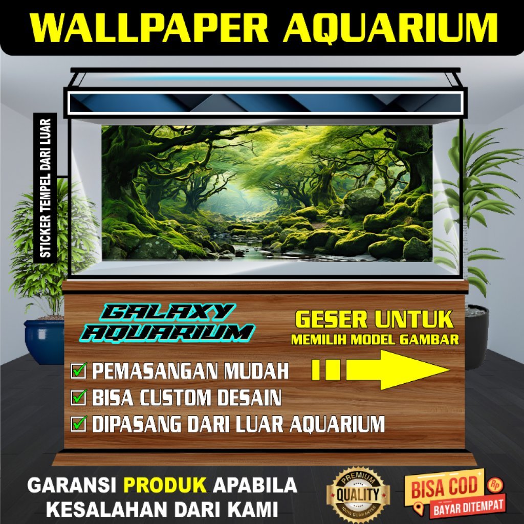 beground aquarium, background wallpaper aquarium belakang 3d, hiasan aquarium air terjun hutan