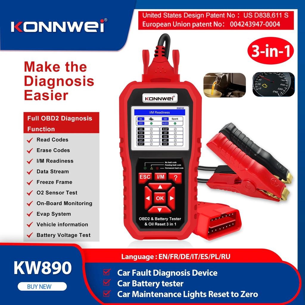 2026 KONNWEI KW890 12V Car OBD2 Battery Tester Analizer Auto agnostic Tool Battery Mat 3 in 1 Car OB