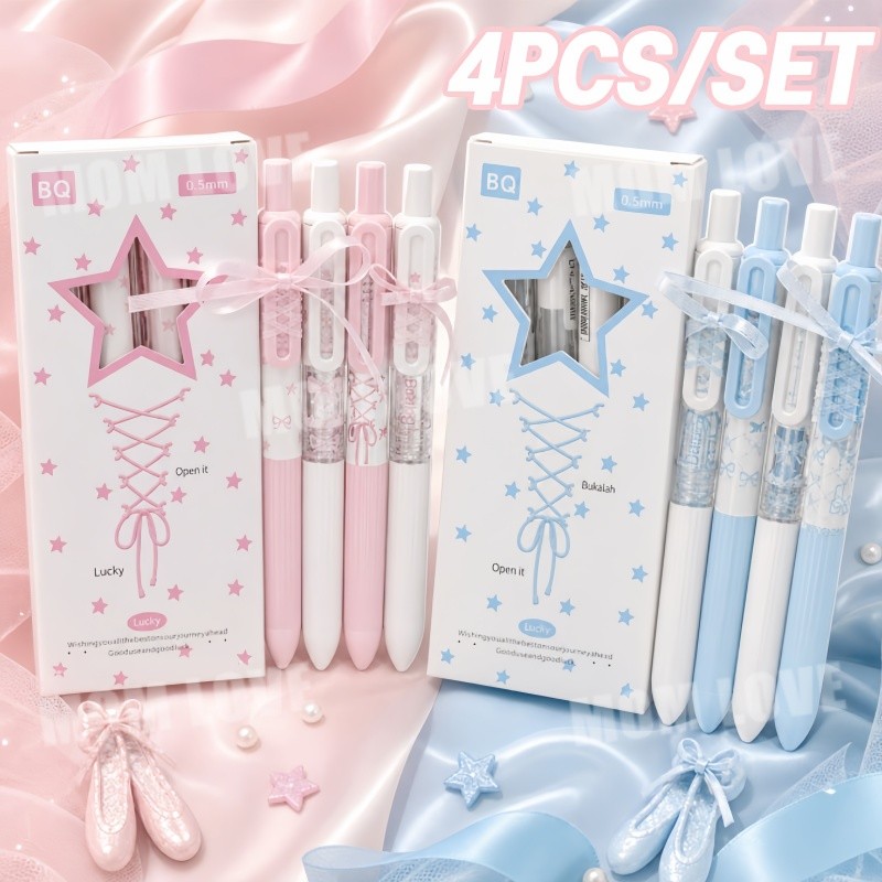 4pcs/set Pulpen Tali Ballet Pulpen Gel Aesthetic Pulpen Estetik Aesthetic Ujung 0.5mm Cocok Mengerja