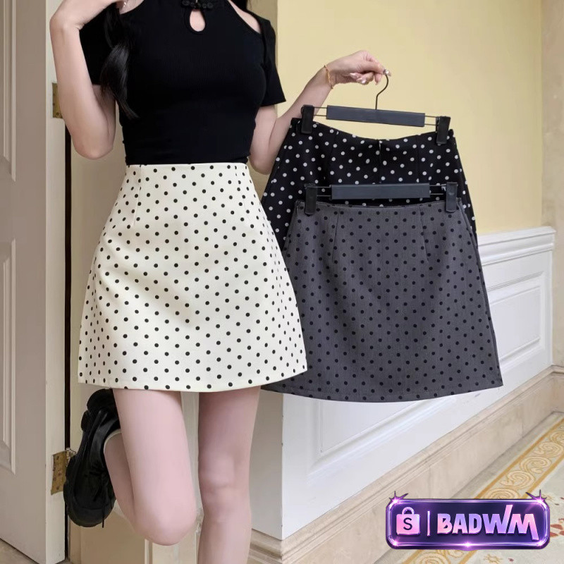 BADWM Model baru rok putih bermotif polkadot rok pensil hitam kasual rok berpinggang tinggi rok pend