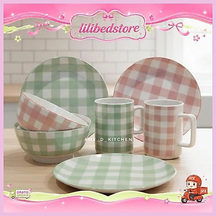 Perlengkapan Makan Keramik, Mug Mangkok Piring Keramik Pastel Kotak-Kotak Gingham Viral