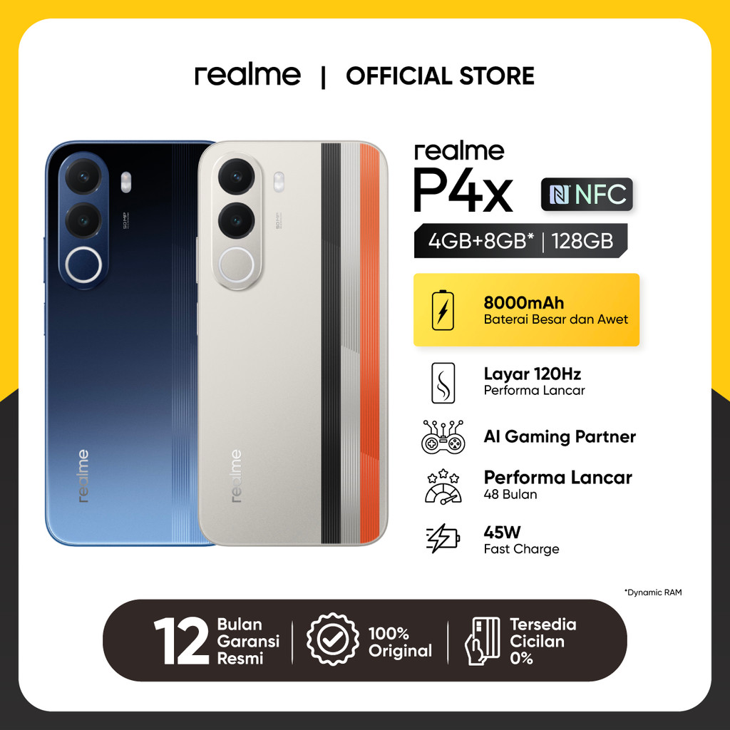 realme P4x 4GB+8GB*|128GB (8000mAh Baterai Besar dan Awet | Layar 120Hz Performa Lancar | AI Gaming Partner | Performa Lancar 48 Bulan)