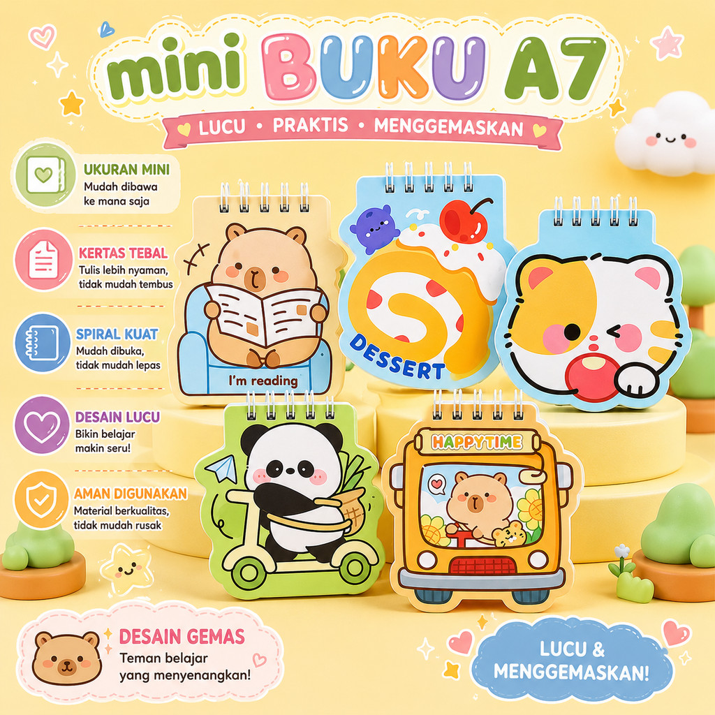 Notebook Ring Mini Kawaii / Animal Polos Tanpa Garis / Buku Catatan Estetik / Mini Journal Lucu