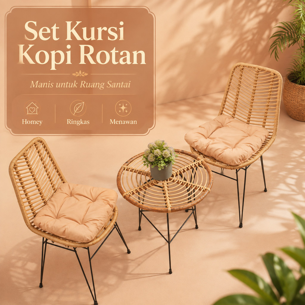 Kursi Rotan Sintetis Premium Plus Meja Bulat Coffee Table Scandinavian