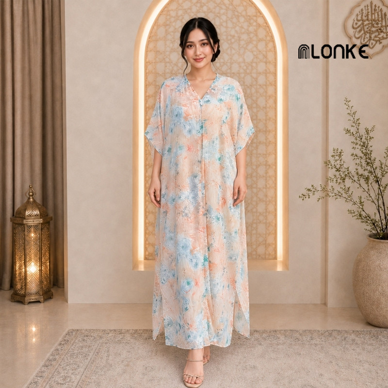 NLONKE - Kaftan Wanita Muslim Premium Bahan Ringan Gamis Pengajian Maulid Nabi Long Dress Outer Musl