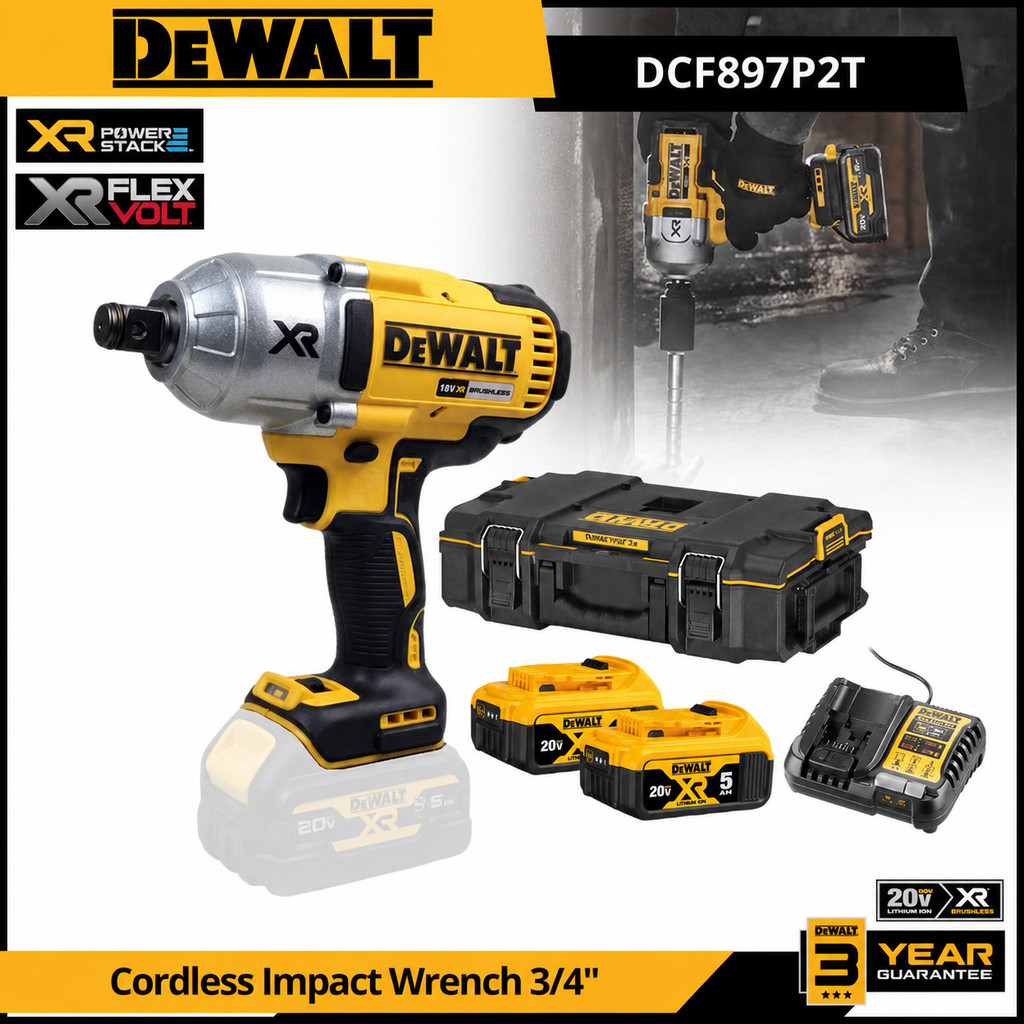 Mesin Bor Impact DEWALT DCF897P2T Mesin Pembuka Baut Baterai 20V Cordless Brushless Impact Wrench 3/
