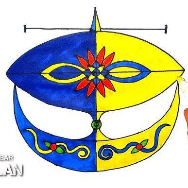 Bahan layang-layang Layang-layang Wau Bulan Atuk Dalang dengan Desain Warna Biru dan Kuning serta Mo