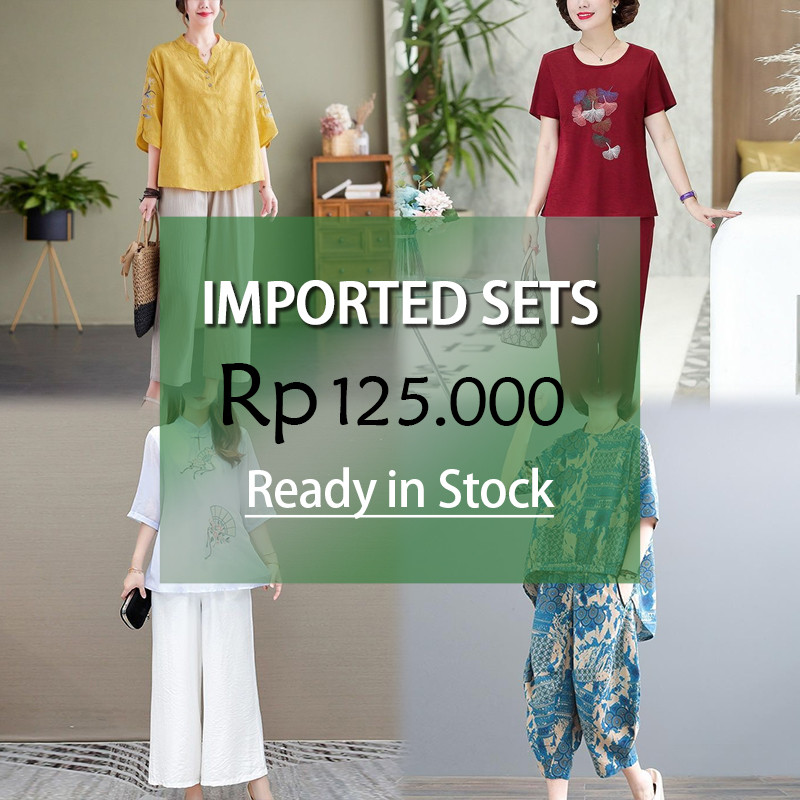 [ Siap Dalam Stok ] Setelan ibu‑ibu, set 2 potong lengan pendek dan celana panjang wanita paruh baya