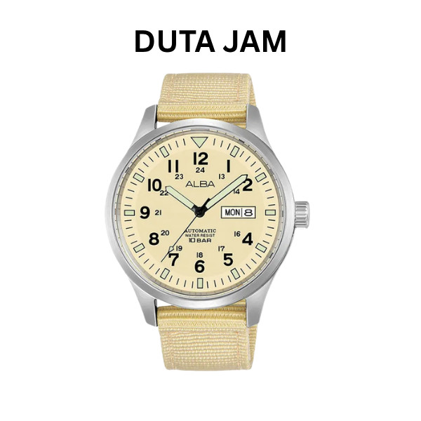 JAM TANGAN PRIA ALBA AL4221 AL4221X AL4221X1 ANALOG AUTOMATIC CREAM NYLON STRAP