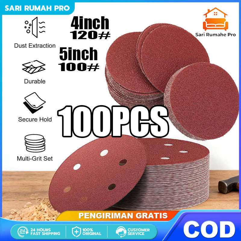 100 lembar  Amplas Bulat Velcro 4" Inch / 5" Inch Grid 40 60 80 100 120 150 180 220 240 320 400