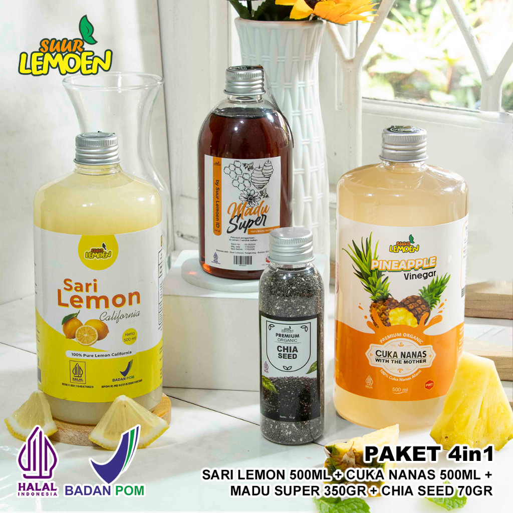 

Suur Lemoen Paket 4in1 Nanas- Sari Lemon 500ml , Cuka Nanas 500ml, Chia Seed 70 gr, Madu Hutan 350 gr