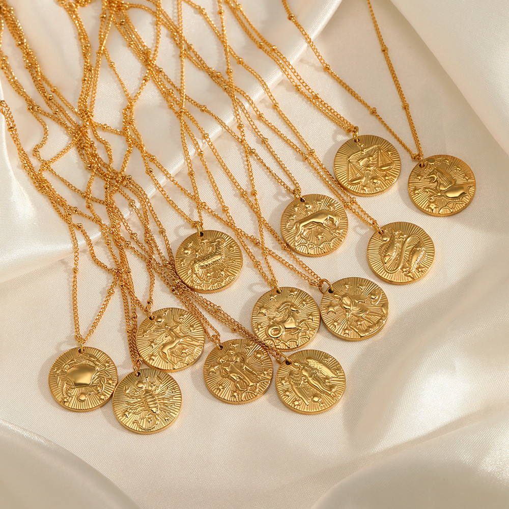 12 Zodiac Constellation Stainless Steel Necklace for Women Golden Amulet Vintage Plated Round Coin P