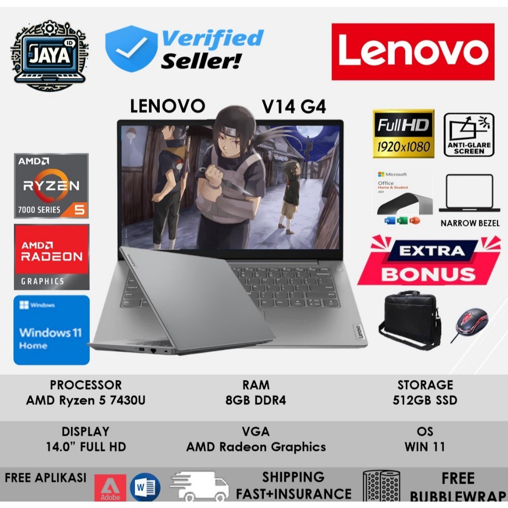 Laptop Baru Lenovo V14 G4 Ryzen 5 7430U Ram 16GB RAM 512GB SSD FHD Win11Home OHS Iron Grey