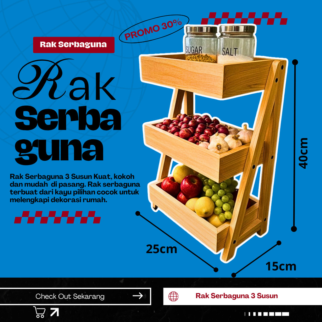 Rak Bawang Kayu 3 Susun / Rak Bumbu Serbaguna