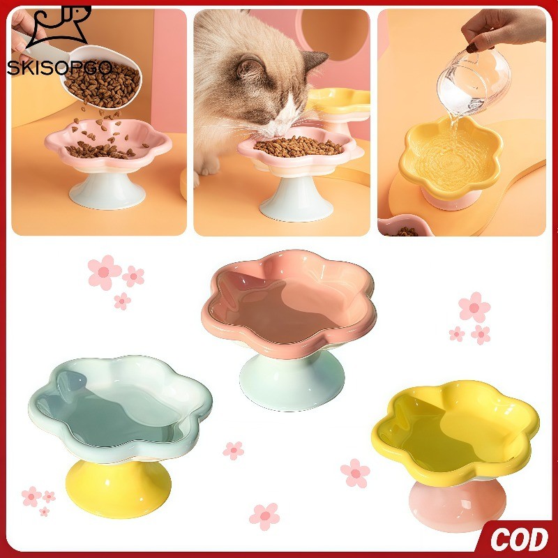 SKISOPGO Mangkuk Keramik Lucu Kucinganjing Pet Bowl Mangkuk Kucing Keramik Berbunga Neck Protection 