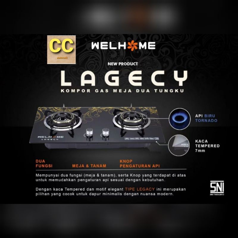 Kompor Gas Meja Welhome 2 tungku Kompor Welhome LAGECY kaca tempered SNI