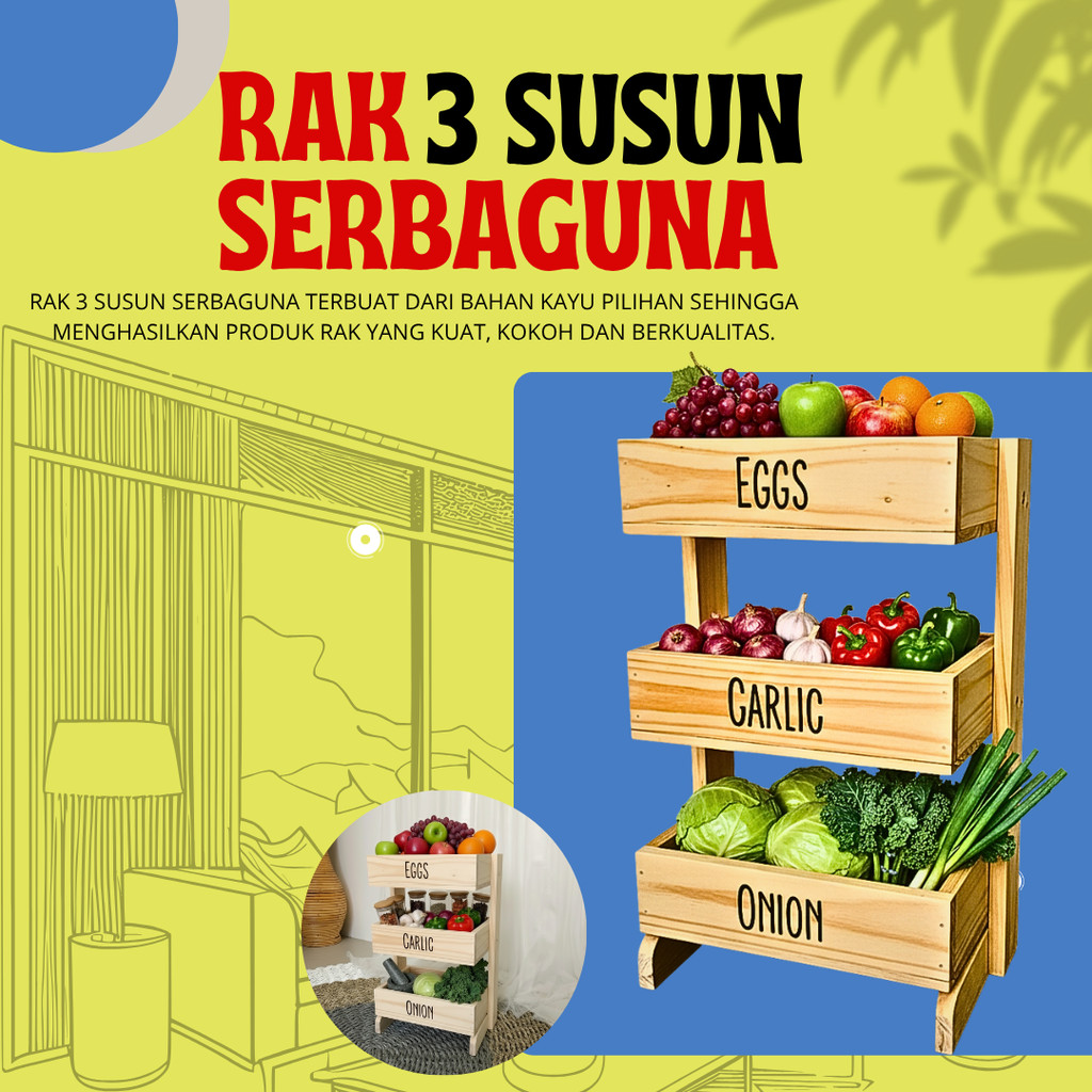 Rak Bawang Kayu 3 Susun / Rak Bumbu Serbaguna