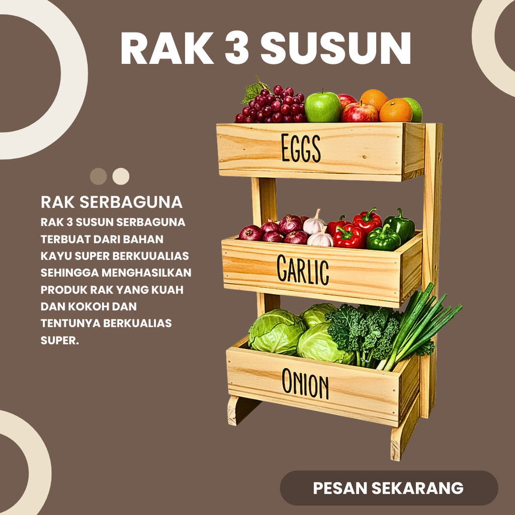 Rak Bawang Kayu 3 Susun / Rak Bumbu Serbaguna