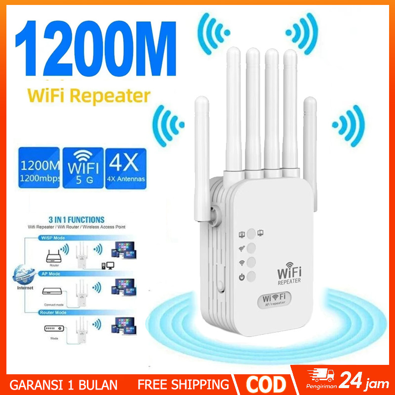 (COD) 1200Mbps Penguat Sinyal WIFI Repeater 2.4GHz/5GHz 6 Antena Wireless Wifi Range Extender Router