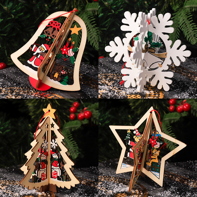 Hiasan Natal, Hiasan Kayu Pohon Natal Berlaser, Hiasan Kecil Pohon Natal, Hiasan Bintang Bintang Kay