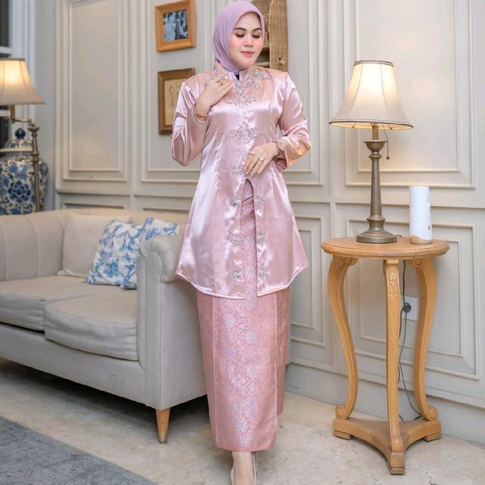 Kebaya Tunik Kutung Melayu Payet Bahan Donatelo Kebaya Modern Dan Rok lIlit Songket - army, Setelan 
