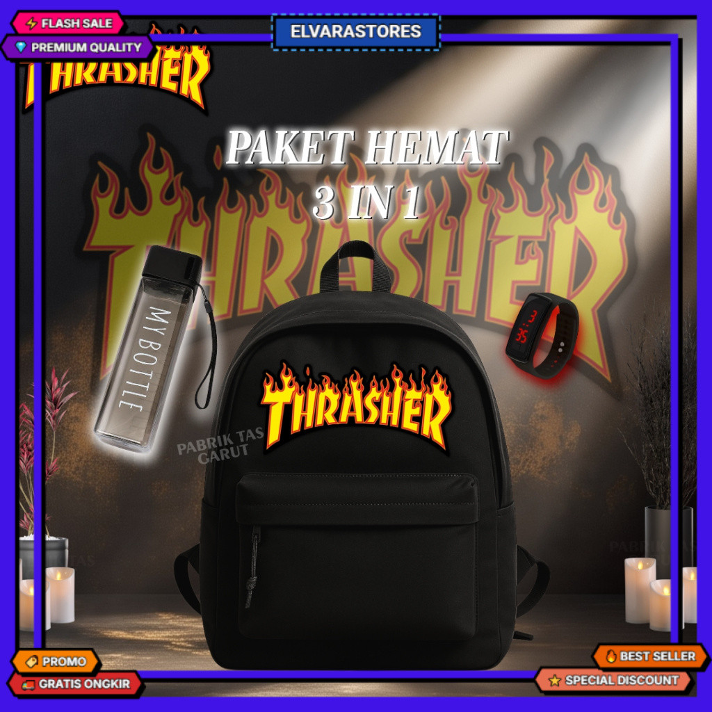 Tas Ransel Distro Original / Tas Backpack Unisex Keren Style 2023 / Tas Motif Thrasher Kekinian Siap