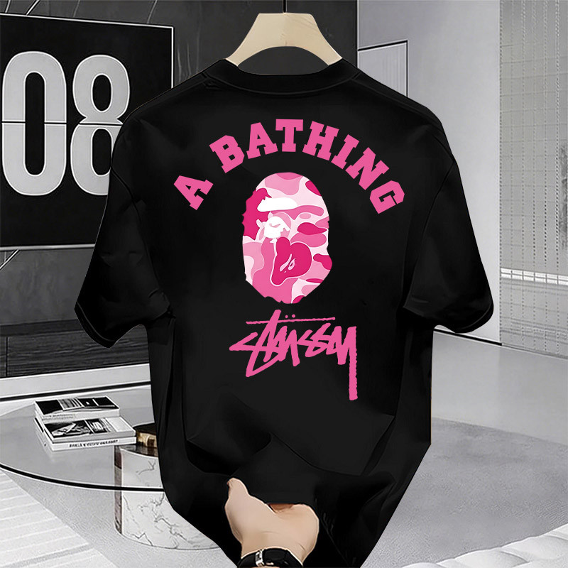 Kaos Stussy x Bape Pink Camo Baju Streetwear Hypebeast T-Shirt Distro Pria Wanita Oversize Premium C