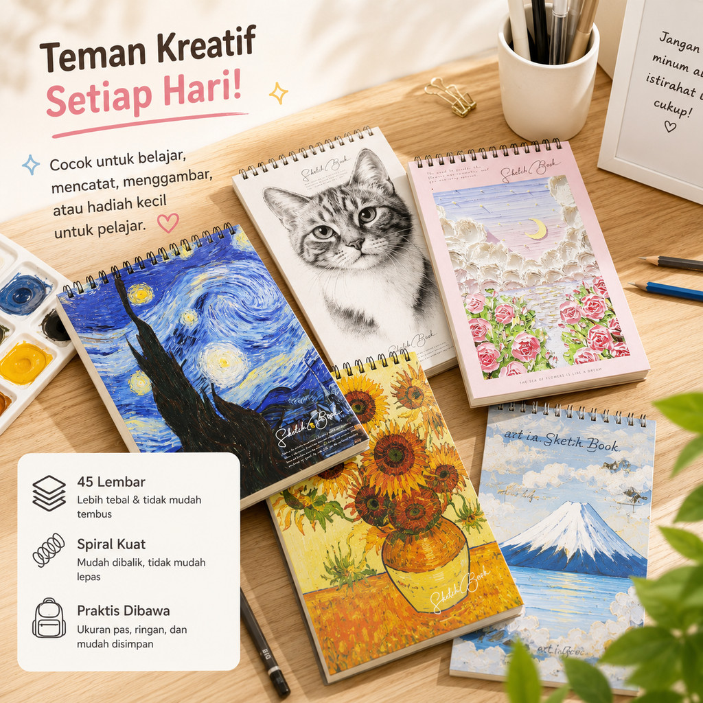 Buku Sketsa Spiral A4  Lembar, Kertas Tebal Polos untuk Menggambar & Melukis