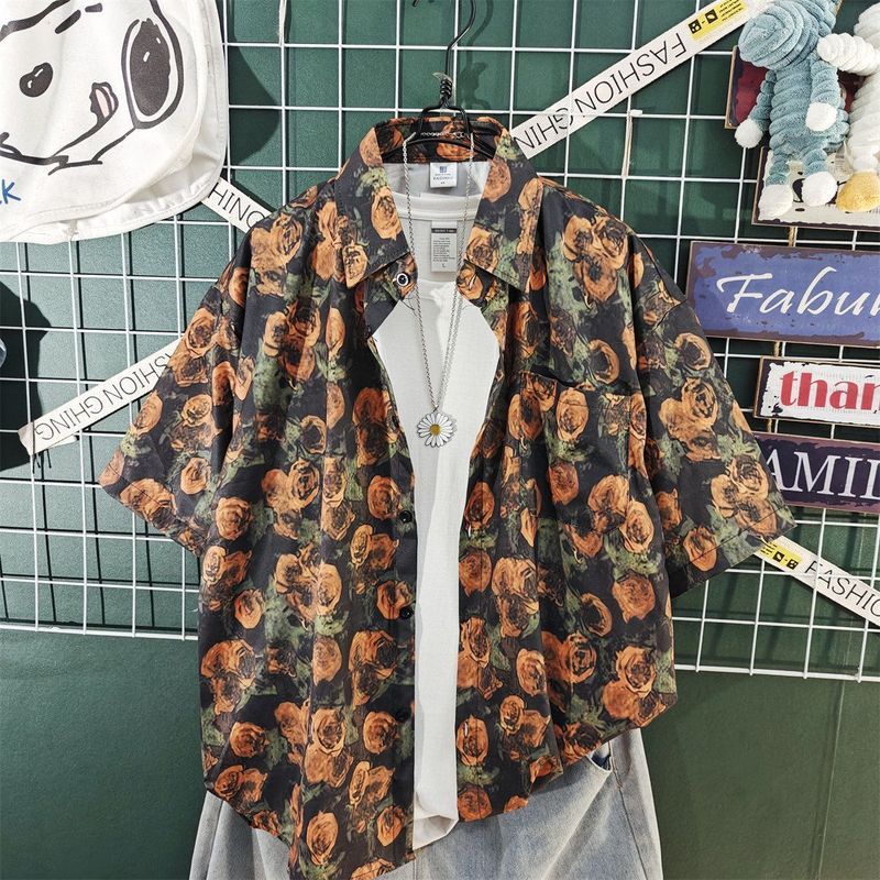 Kemeja Pria Motif Bunga Longgar Vintage Ukuran Besar untuk Pasangan