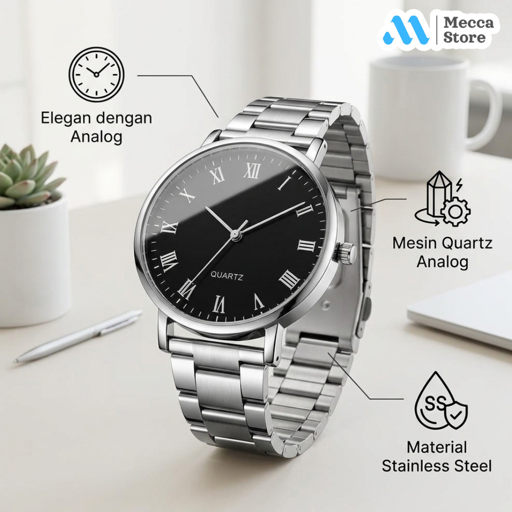 Jam Tangan Analog Pria Elegant Quartz Stainless Steel 38mm