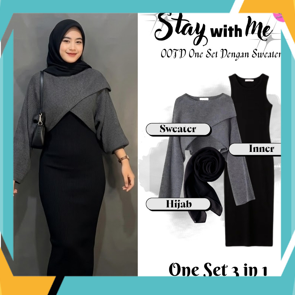 Set 3 in 1 Sweater Shea Rajut Cewek Oversize Outfit Wanita Muslim Simple Elegan & Modish (Sweater + 