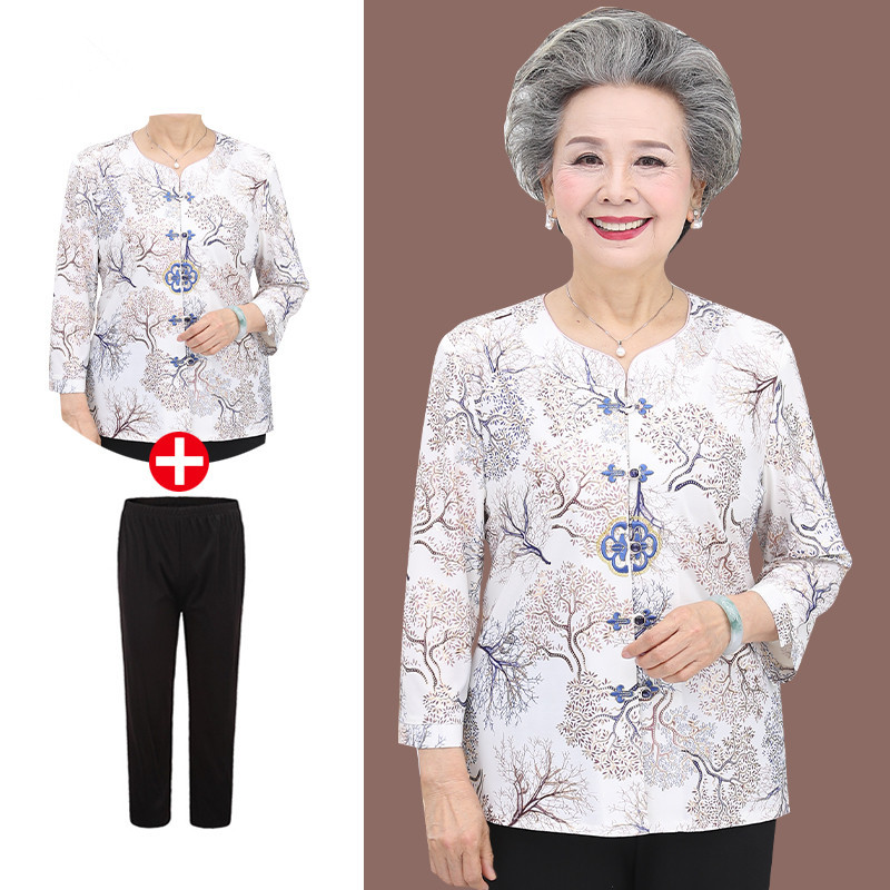 Setelan Baju Wanita Lansia Musim Panas Lengan Pendek Kemeja Atasan Untuk Nenek