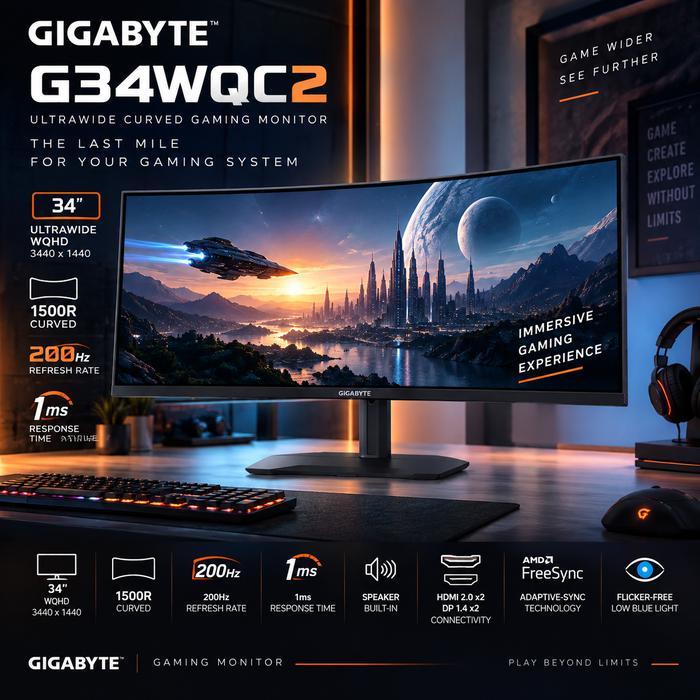 Monitor Gigabyte G34WQC2 Monitor PC Gaming Ultrawide 34 Inch VA Curved Lengkung WQHD 200Hz 1ms Speak
