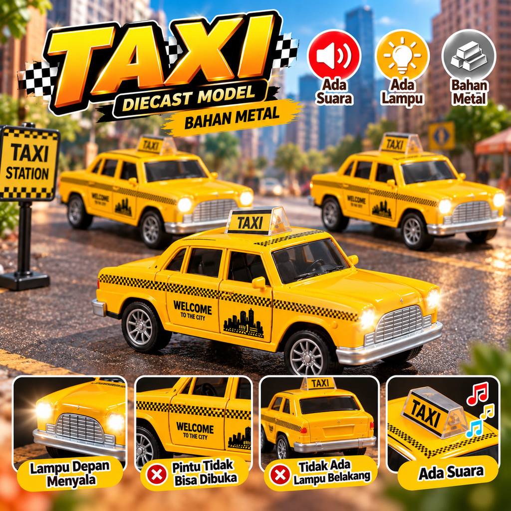 Taxi Diecast Metal Lampu Suara Miniatur Mobil Taksi Mainan Mobil Anak Koleksi