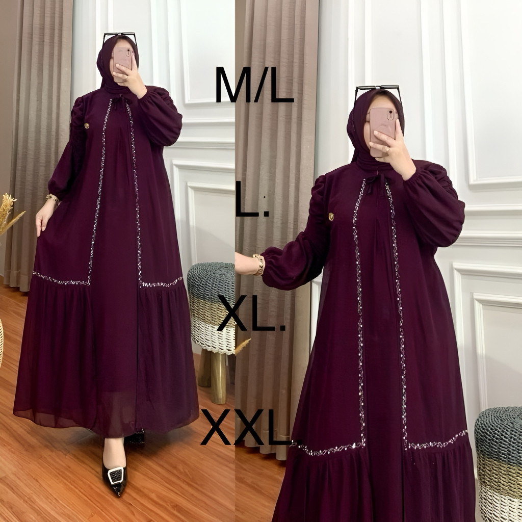 ES.COLD Reyna Set Gamis Mewah HIjab Wanita Jumbo Size M/L L XL XXL Bahan Ceruty Babydoll kombinasi S