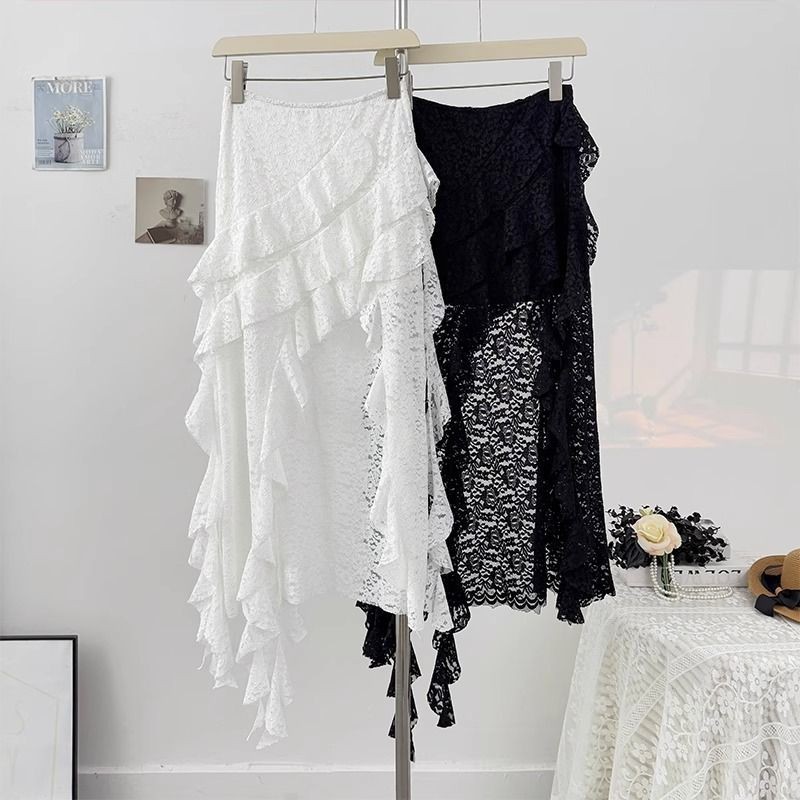 Irregular Hollow Lace Half Skirt for Women Summer Ruffled High Waist Slit Bodycon Skirt