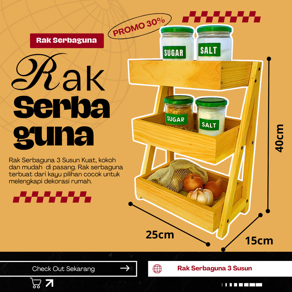 Rak Bawang Kayu 3 Susun / Rak Bumbu Serbaguna