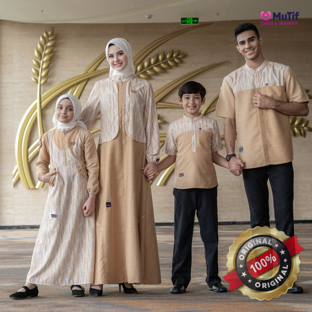 MUTIF Sarimbit Alzena Aswad Misted Yellow Koko Tangan Pendek dan Gamis Kuning Polos Motif Etnic Baju