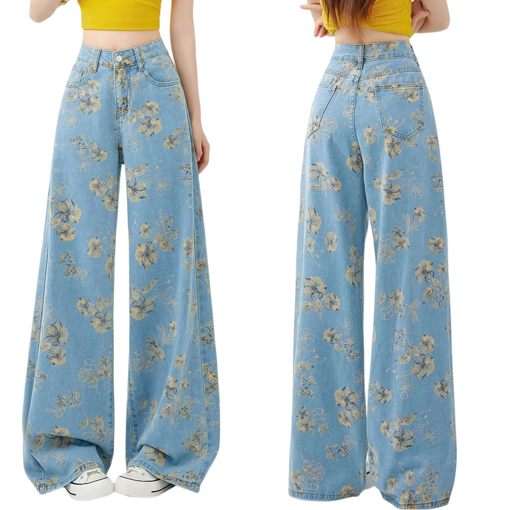 Jeans wanita pinggang tinggi gaya Korea, celana jeans lurus longgar, celana jeans bermotif