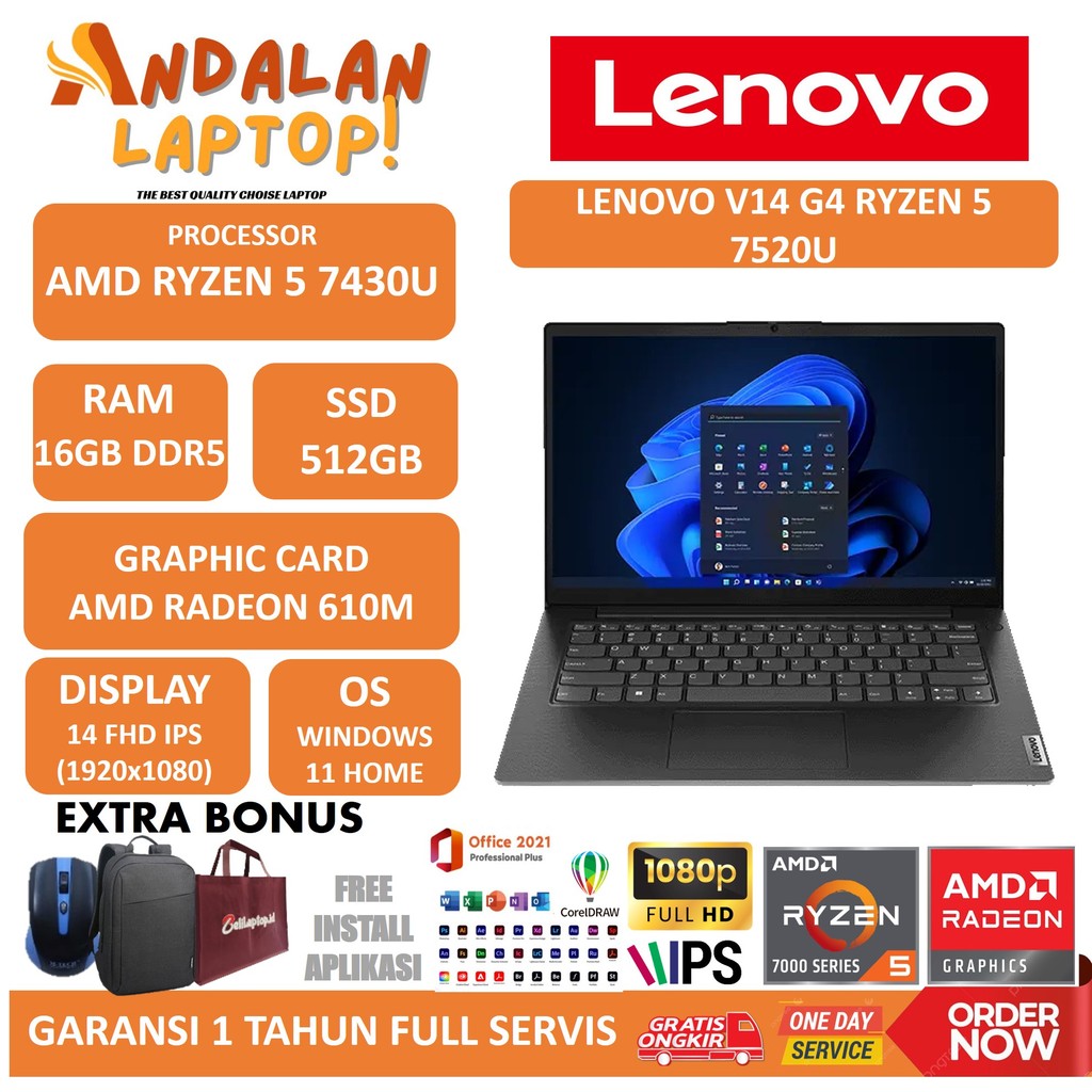 Laptop Gaming Lenovo V14 G4 AMD Ryzen 5-7430U 16GB 512GB W11 14" FHD Black