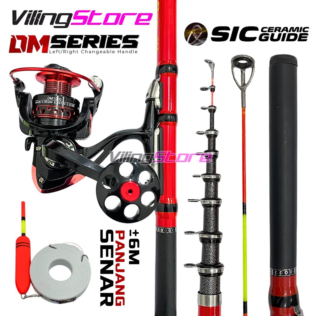 Paket 1 Set Joran Tegek Kolong Teleskopik Ring SIC Ceramic Guide Lengkap dengan Reel Pancing DM Seri