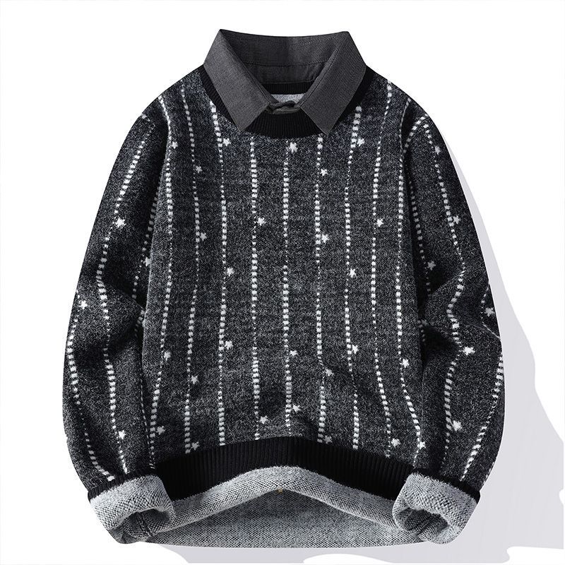 Kemeja kerah palsu, dua potong sweater pria, kemeja pria, kemeja rajutan, tren