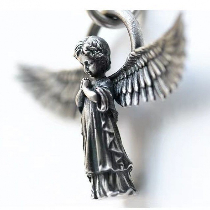 Fashion silver color guardian angel pendant necklace men and women personality angel wings prayer pe