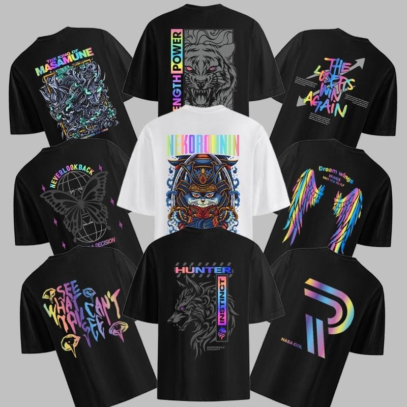 [COD] Reflektif Rainbow T-shirt Nyala Atasan Kaos Pria Putih NASA IDOL 24s cotton mengkilau Tshirt