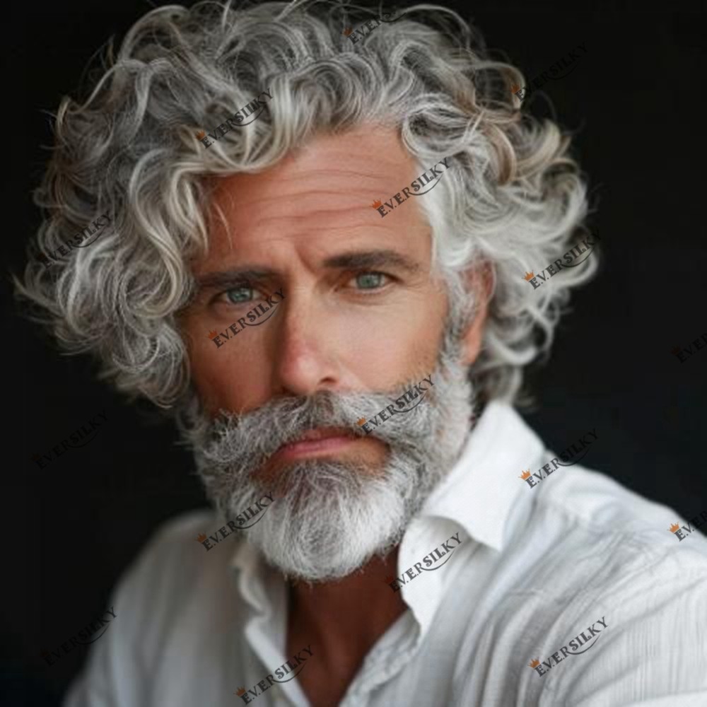 Old Men's Gray Human Hair Natural Curly Hairstyle Skin Base Toupee 1B65 1B80 26mm Curly Hair Durable