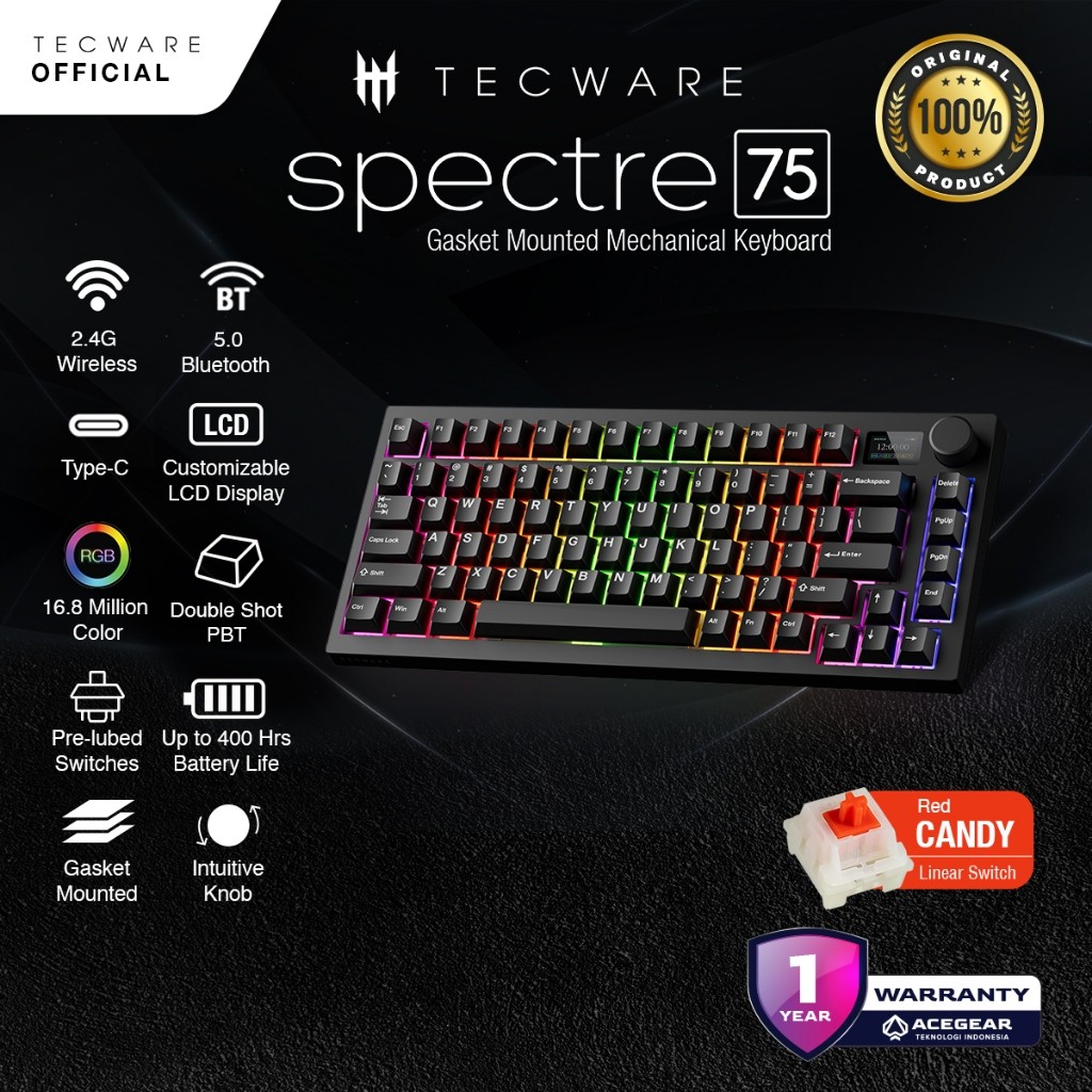 Tecware Spectre 75 Gasket mounted keyboard w/LCD and Knob, Tecware Wraith Candy Red switches (Black)
